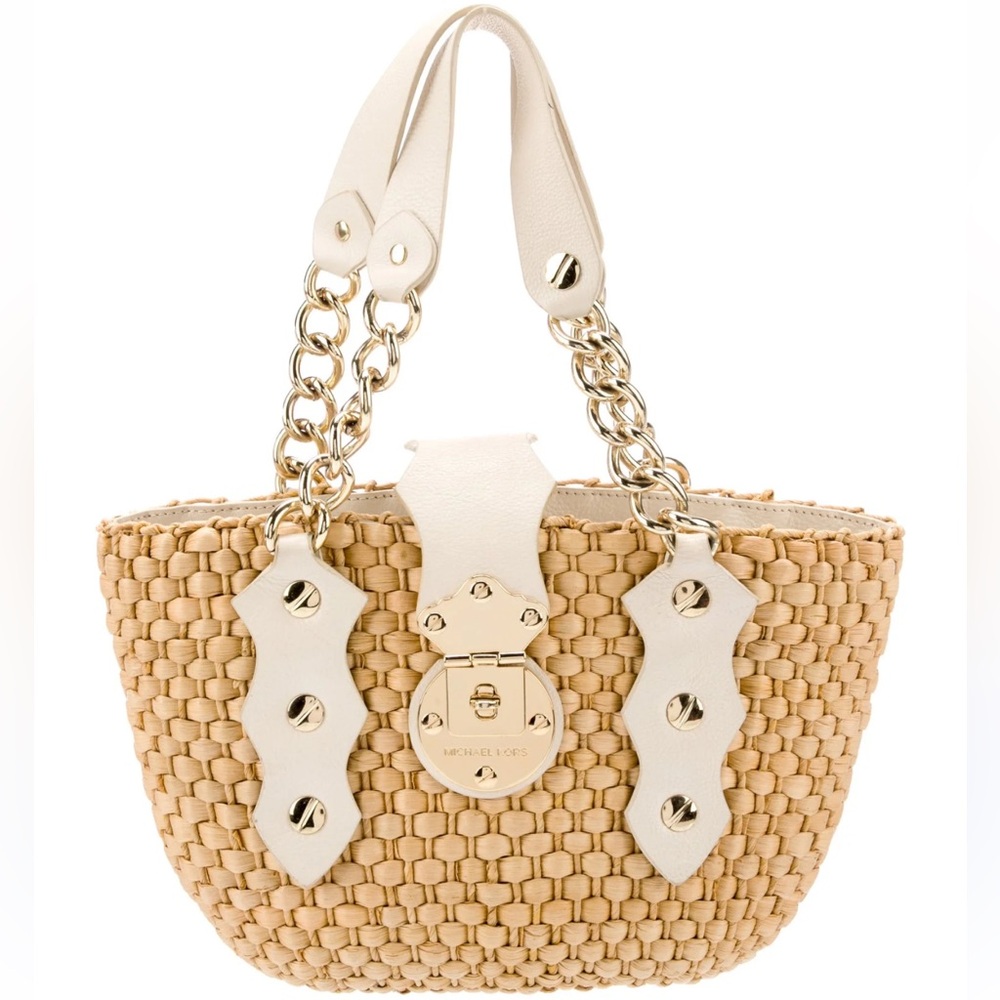 Michael Kors Santorini Straw Bag with White Leather Accents